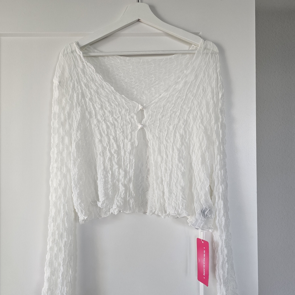 White Textured Long Sleeve Top